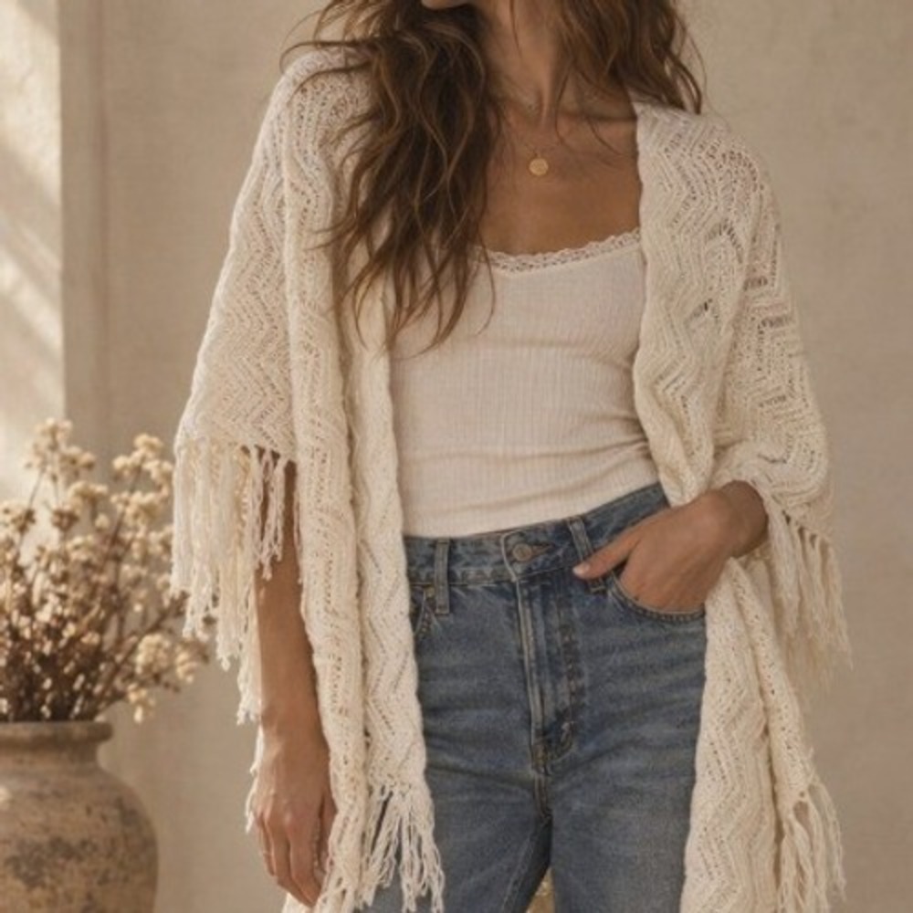 Vintage Knit Shawl Pointelle Fringe White Boho Wrap Hippie Western Crochet 1970s